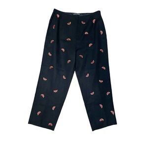 Nicole Studio Watermelon Embroidered Black Linen Cropped Pants Trousers Size 8